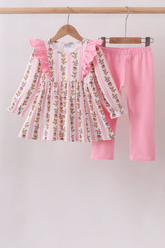 Pink Rose Stripe Ruffle Pants Set