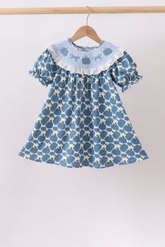 Blue pumpkin bow smocked lace dress