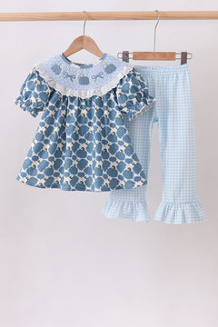 Blue pumpkin bow smocked lace ruffle pants set