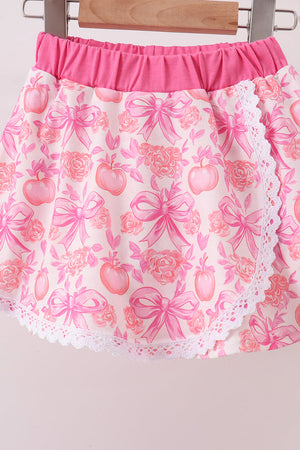 Pink Pumpkin Bow Lace Skorts Set