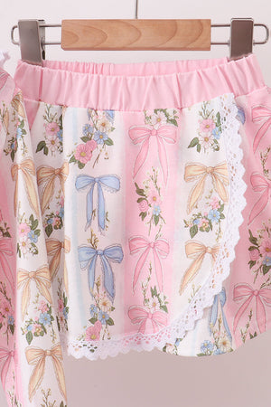 Pink Bow Floral Lace Skorts Set