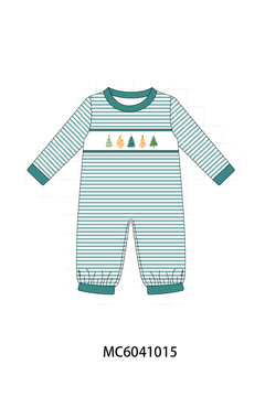 Green Christmas Tree Embroidery Stripe Romper