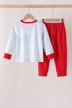 Blue stripe firework applique pants set