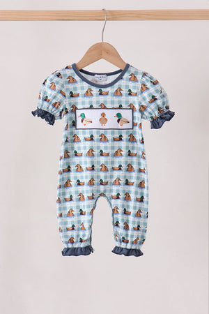 Blue mallard duck embroidery ruffle romper
