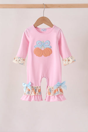 Pink bow pumpkin ruffle romper
