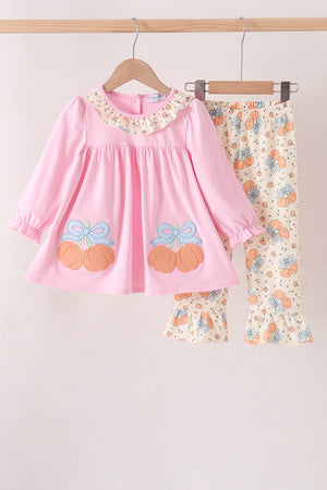 Pink bow pumpkin ruffle pants set