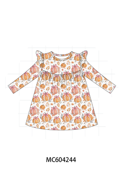 Orange Pumpkin Print Ruffle Dress