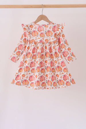 Orange Pumpkin Print Ruffle Dress