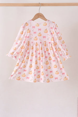 Pink pumpkin bow embroidery ruffle dress