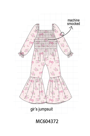Pink Floral Bow Smocked Jumpsuit