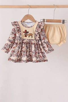 Khaki camoufalge cross deer embroidery ruffle bloomer set