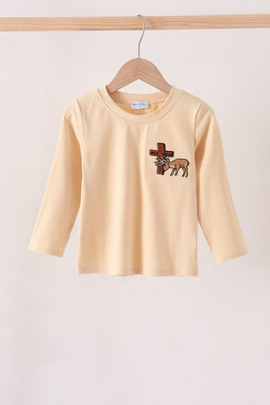 Khaki cross deer embroidery top