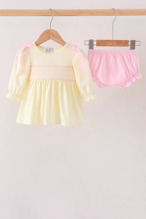 Cream smocked bow bloomer set