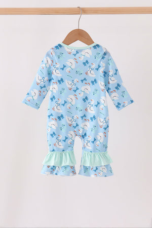 Blue goose bow embroidery ruffle romper
