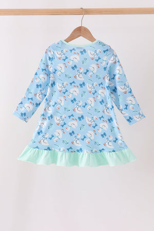 Blue goose bow embroidery ruffle dress