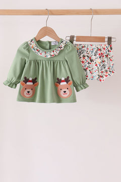 Sage Reindeer Applique Ruffle Bloomer Set