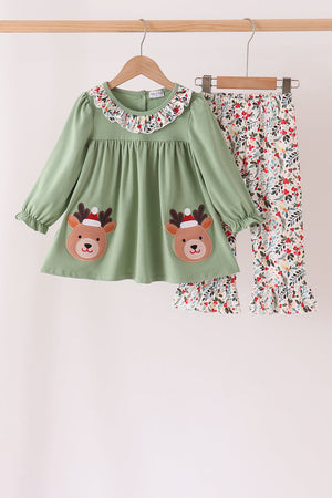 Sage Reindeer Applique Floral Ruffle Pants Set