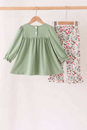 Sage Reindeer Applique Floral Ruffle Pants Set