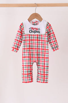 Green merry christmas embroidery plaid romper