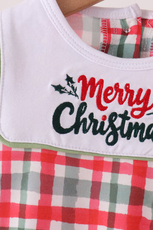 Green merry christmas embroidery plaid romper