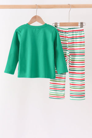Green christmas tree applique stripe pants set