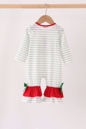Red gingerbread house applique stripe ruffle romper