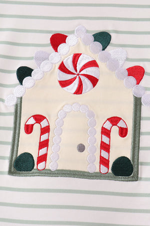 Red gingerbread house applique stripe ruffle pants set