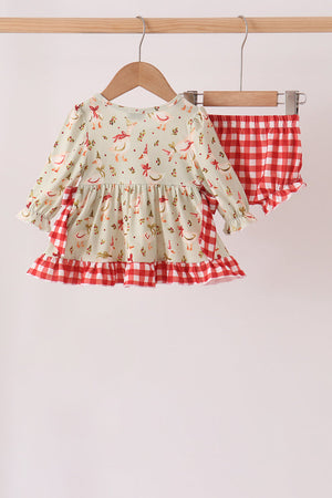 Goose embroidery ruffle gingham bloomer set