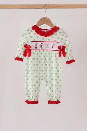 Green grinch embroidery ruffle dot romper