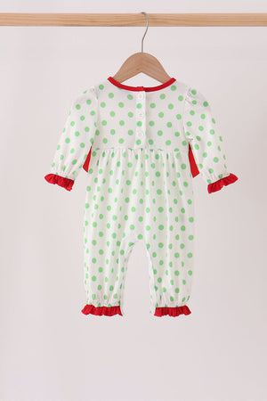 Green grinch embroidery ruffle dot romper