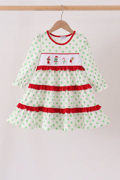 Green dot grinch embroidery ruffle tiered dress