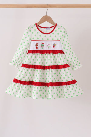Green dot grinch embroidery ruffle tiered dress