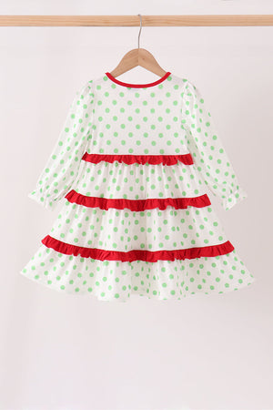 Green dot grinch embroidery ruffle tiered dress