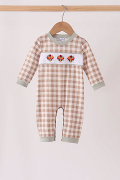Brown turkey embroidery gingham romper