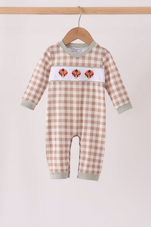 Brown turkey embroidery gingham romper
