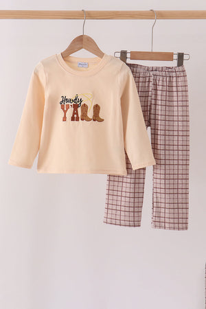 Brown Howdy Y'ALL boots embroidery plaid pants set