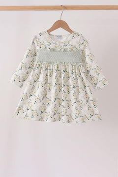 Sage floral smocked ruffle dress