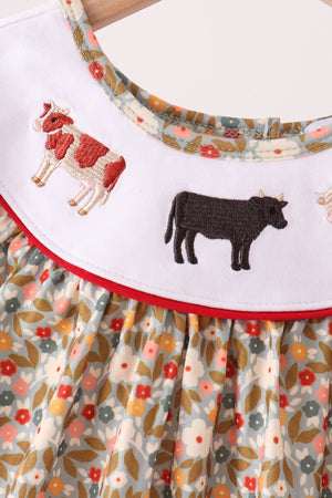 Brown Floral Cow Embroidery Dress