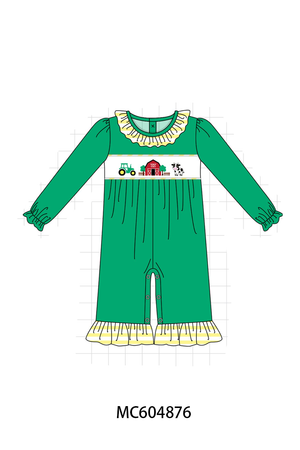 Green Farm Cow Embroidery Ruffle Romper