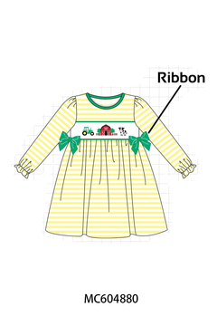 Green Farm Cow Embroidery Stripe Dress