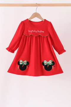 Red christmas character applique dress