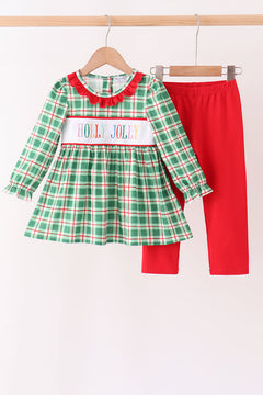 Green Holly Jolly Embroidery Plaid Pants Set