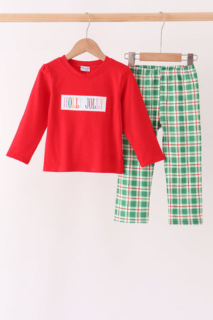 Red Holly Jolly Embroidery Plaid Pants Set