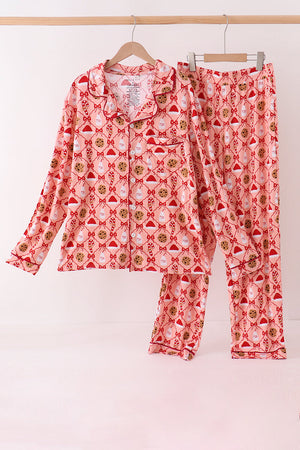 Pink Candy Cane Bow Ruffle Bamboo Mom&me Pajama Set