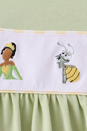 Green Princess Frog Embroidery Ruffle Dress