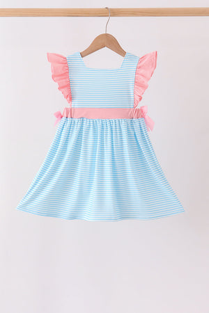 Blue Stripe Princess Embroidery Ruffle Dress