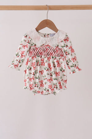Red Holly Bow Smocked Lace Bubble
