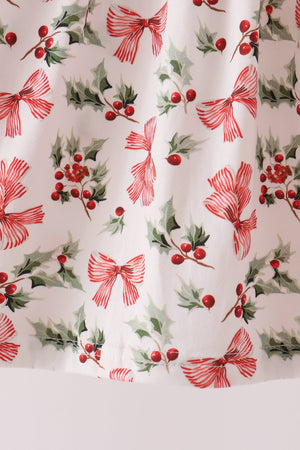 Red Holly Bow Smocked Lace Dress