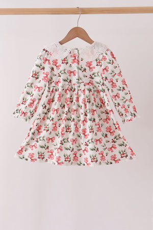 Red Holly Bow Smocked Lace Dress