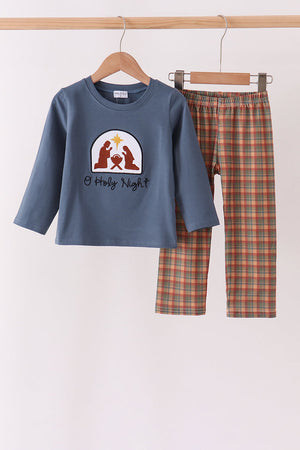 Blue Nativity Embroidery Pants Set